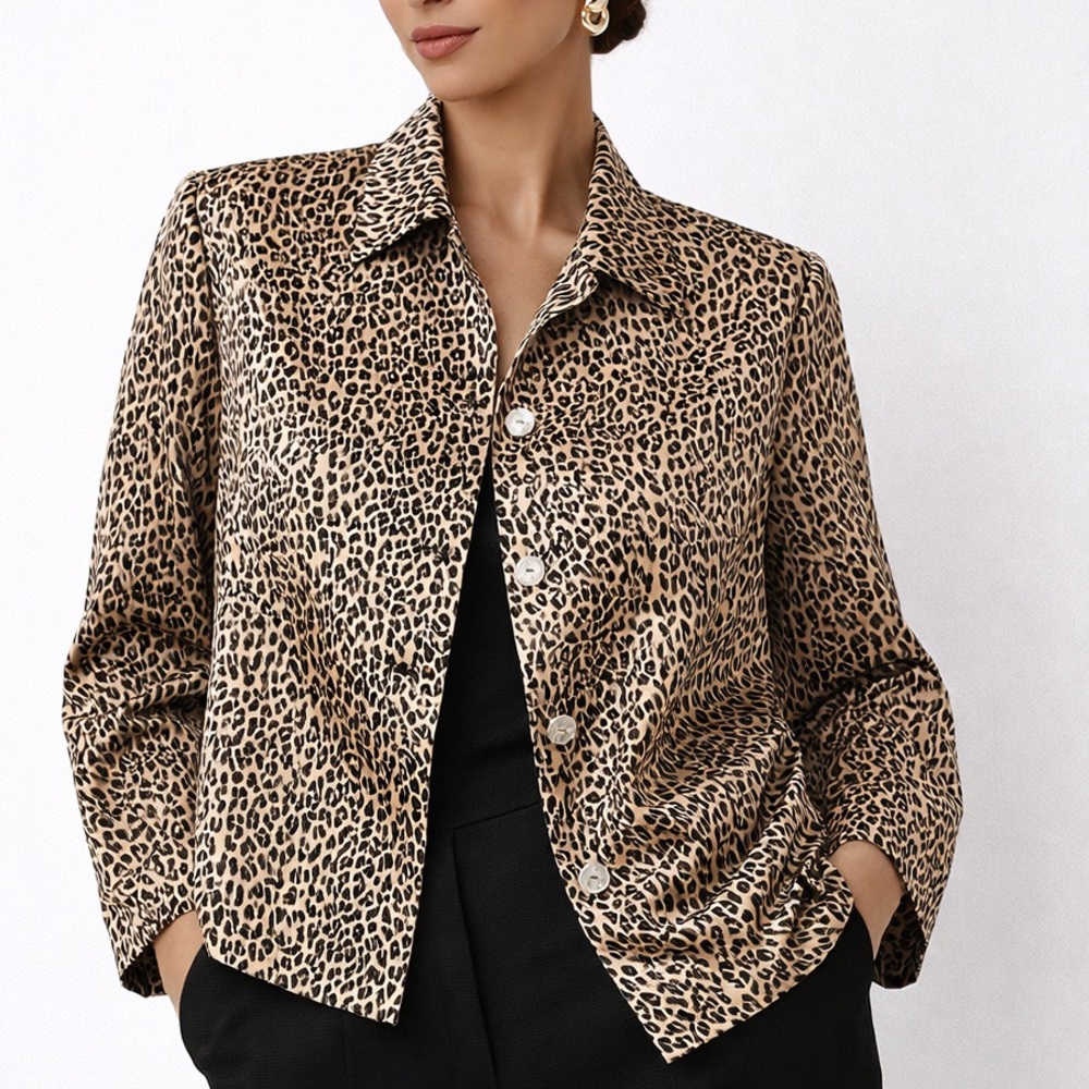 Silkland 100% Silk Leopard Print Size 14 Button Front Lined Animal Print Blazer